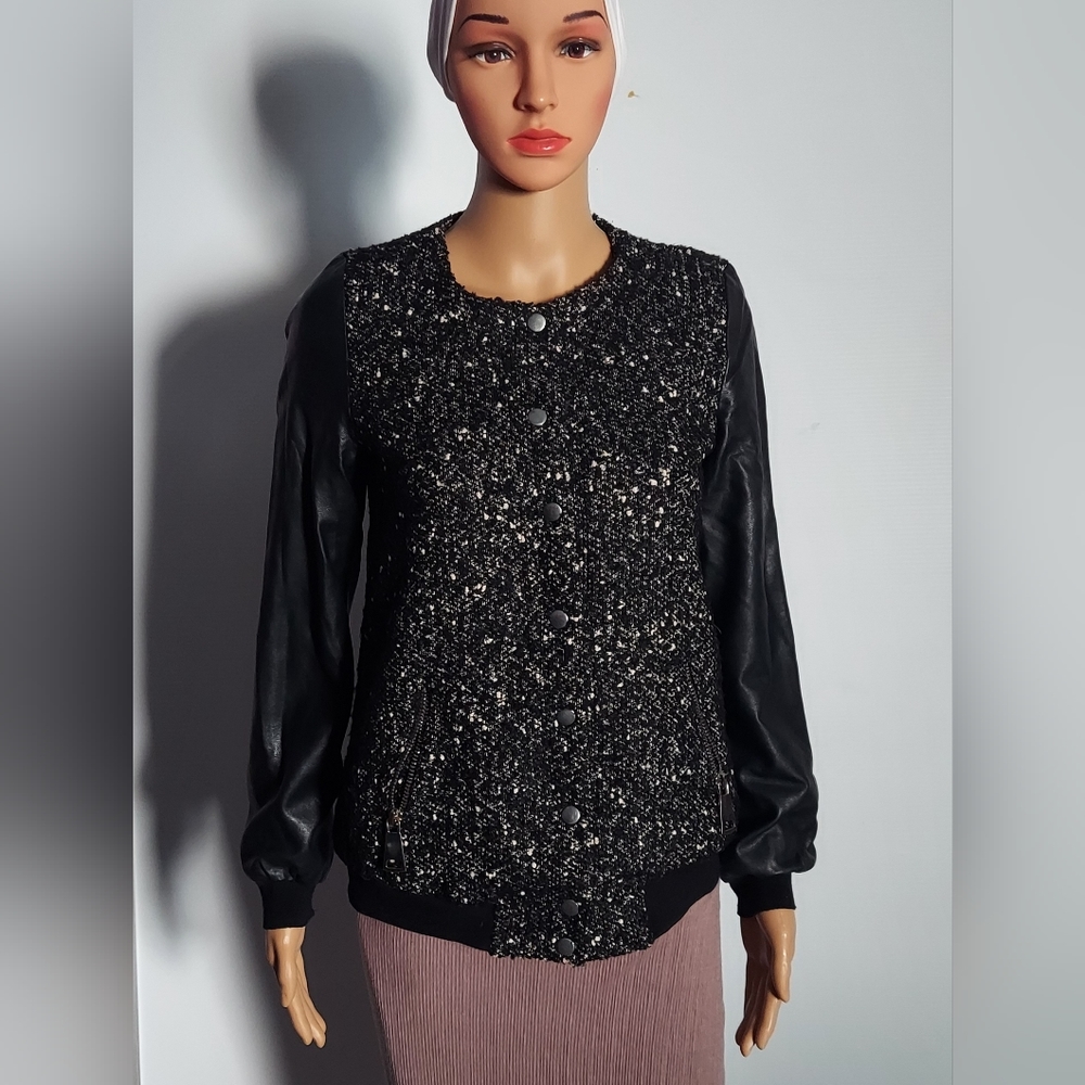 100% Cotton Vintage Tweed Jackets Women Short Woolen Black& with Leather sleeves